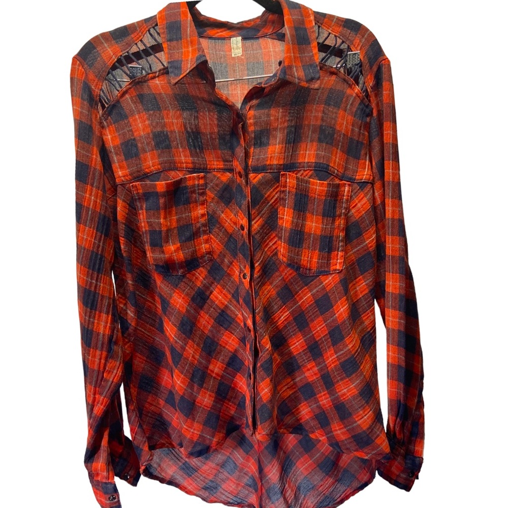 Free People Plaid Open Shoulder Long Sleeve Button Down Shirt XS